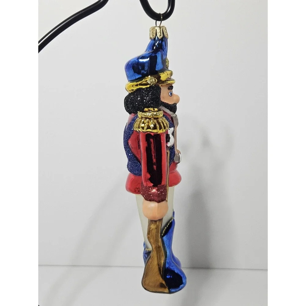 Blown Glass Nutcracker Soldier Christmas Tree Ornament Red Blue Gold Glitter 7